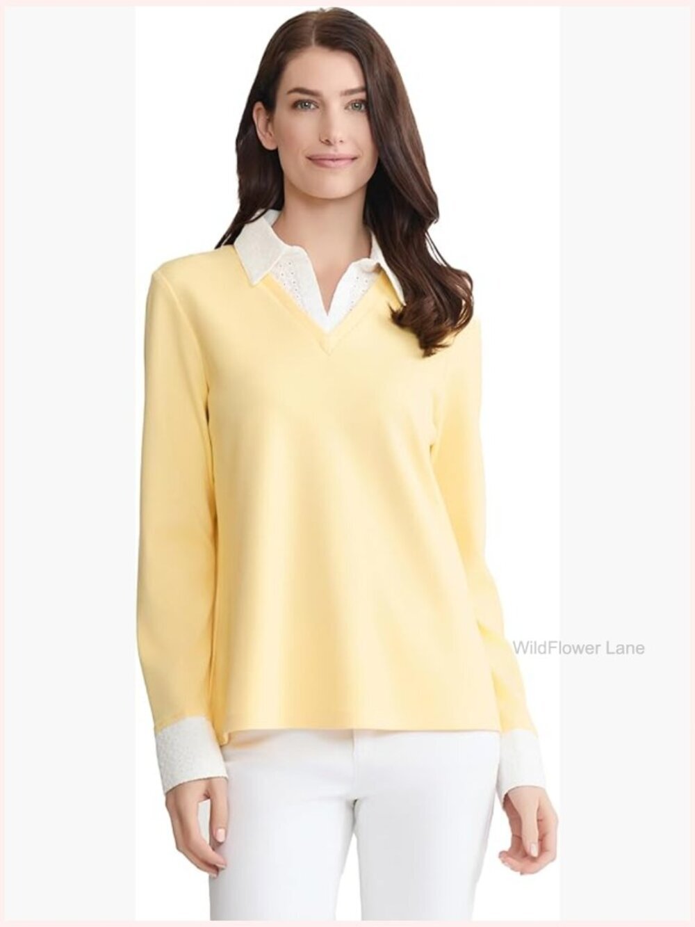 Womens Long Sleeve V-Neck 2-fer Top with Eyelet Trim